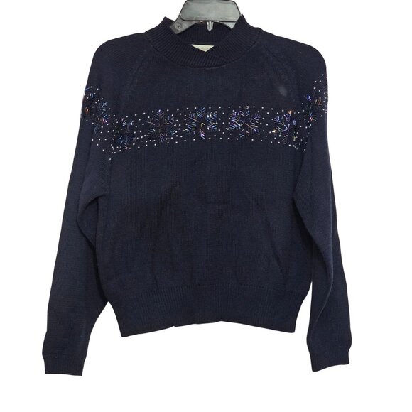 Vintage Christopher & Banks Hand Embroidered Navy Sweater M Acrylic/Cotton Blend - Picture 1 of 6